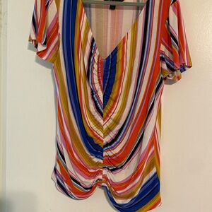 Multi color v-neck top with gathering in the front